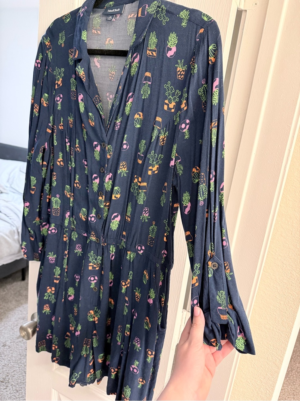 ModCloth Navy Cactus & Potted Plant Print Romper with Pink and Green Accents
